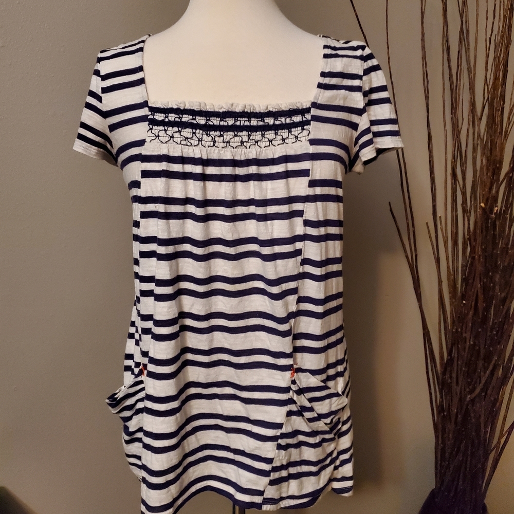 Anthro Smocked Blue & White T Shirt w/Eyelet